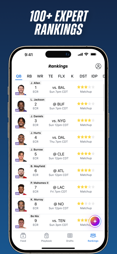 FantasyPros mobile app interface showing expert consensus rankings for fantasy football players