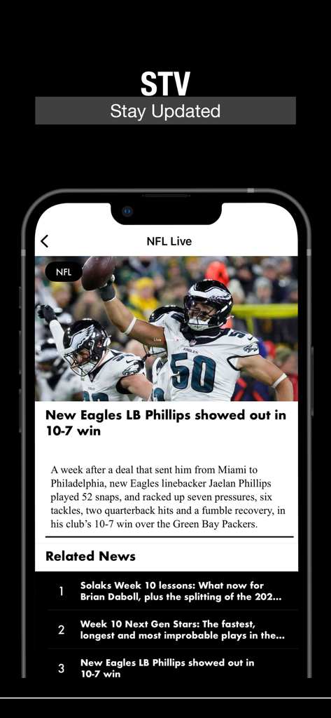 Écran d'iPhone affichant un article d'actualité de la NFL sur les Philadelphia Eagles et une liste d'histoires sportives connexes