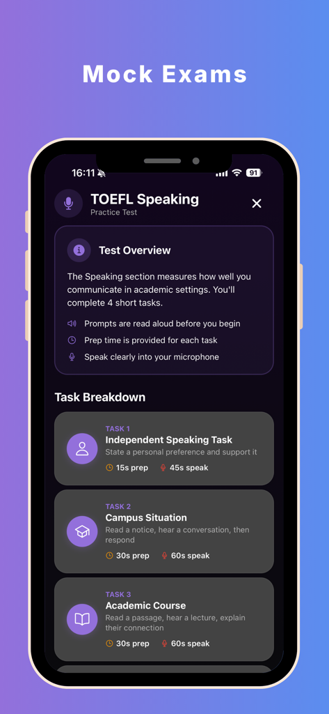 Nuva - English Tutor - Interfaz de la aplicación Nuva que muestra un desglose de examen simulado de expresión oral del TOEFL con detalles de tareas académicas.