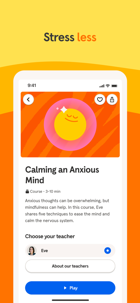 Headspace 앱 인터페이스로 Calming an Anxious Mind 명상 코스에서 강사 선택 및 재생 버튼 표시