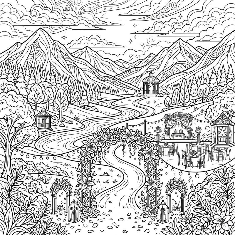 Immerse yourself in a breathtaking mountain landscape designed for a romantic wedding celebration. This intricate coloring page blends the beauty of nature with elegant wedding details, offering a serene escape for your creative spirit.