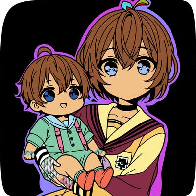 an anime girl holding a baby boy