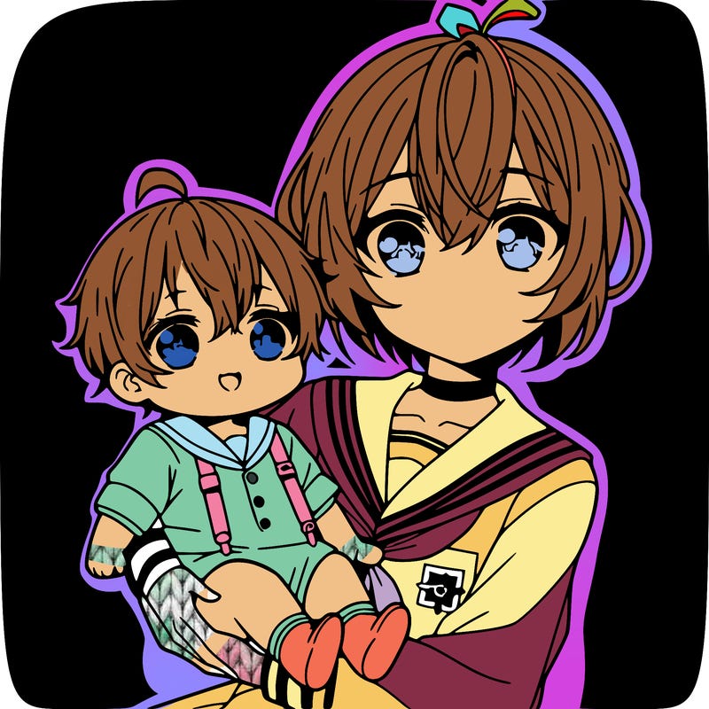 an anime girl holding a baby boy