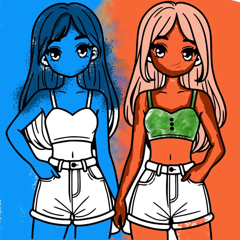 two sisters with crop tops and jean shorts and straight hair