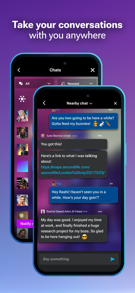 Second Life - Second Lifeモバイルアプリ。チャットインターフェースとメッセージ履歴を表示しています。