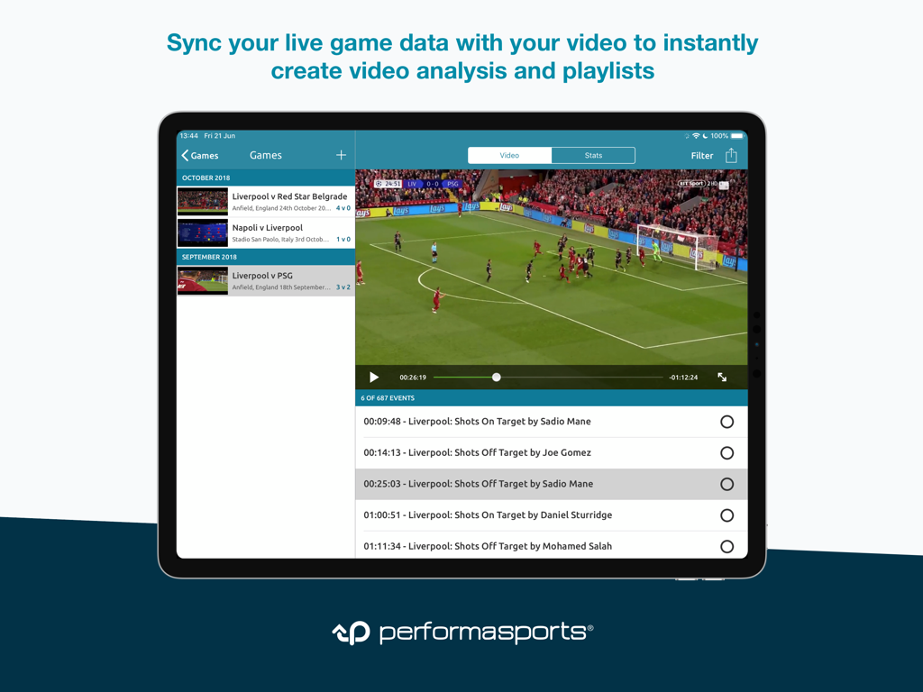 Performa Sports app on iPad displaying soccer video analysis with tagged game events