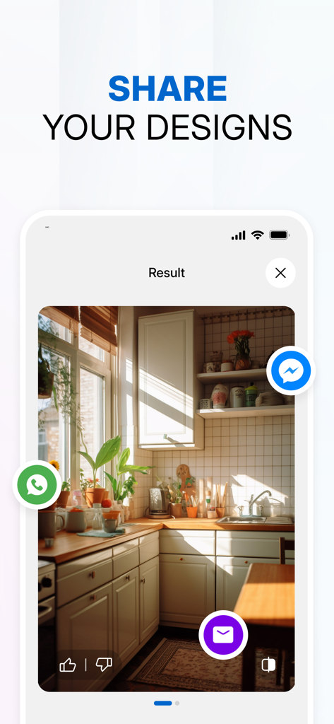 Hano Home – AI Interior Design - Hano Home app screen showing a realistic AI generated kitchen design with social sharing options