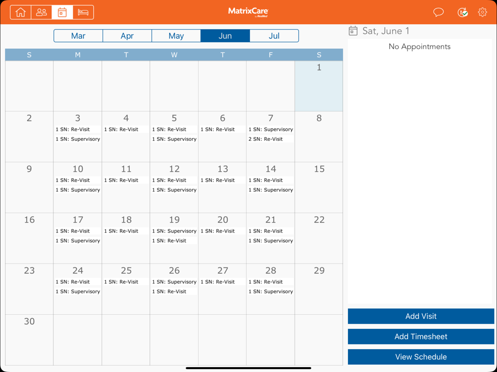 Monthly calendar view of MatrixCare Clinical showing scheduled patient visits and clinical tasks on an iPad