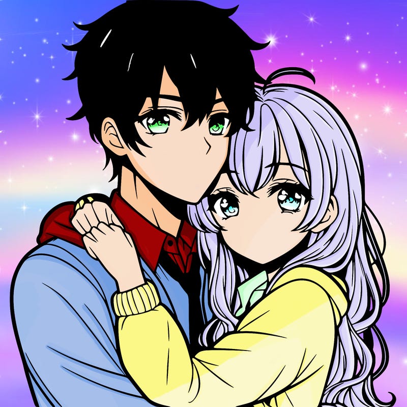 beautiful anime girl hugging a handsome anime boy