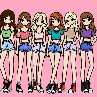 a group of girls wearing crop tops and shorts