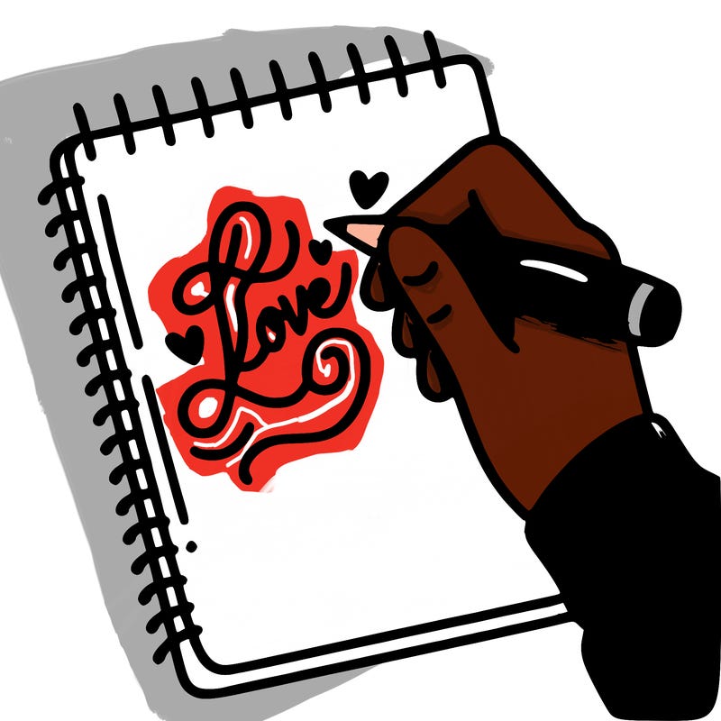 a hand writing “love” in calligraphy on a notebook