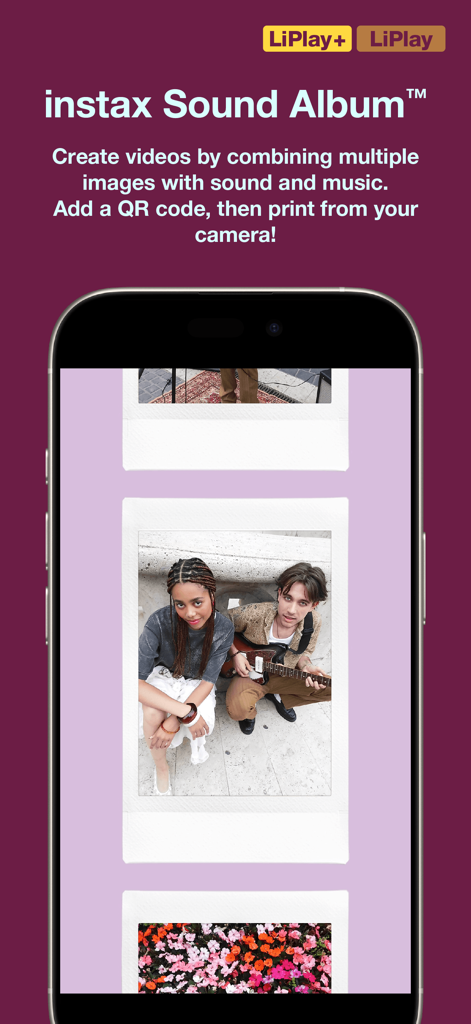instax mini LiPlay - Screenshot of the instax mini LiPlay app displaying the Sound Album feature with a gallery of digital instant photos.