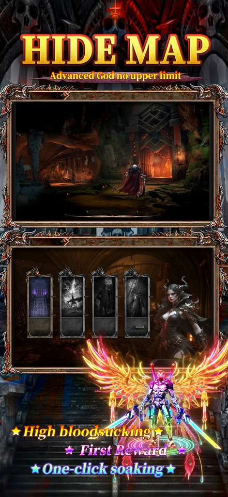 A dark fantasy RPG screenshot featuring a crimson-caped hero at a rune gate, a horned enchantress, and a glowing winged warrior with combat stats.
