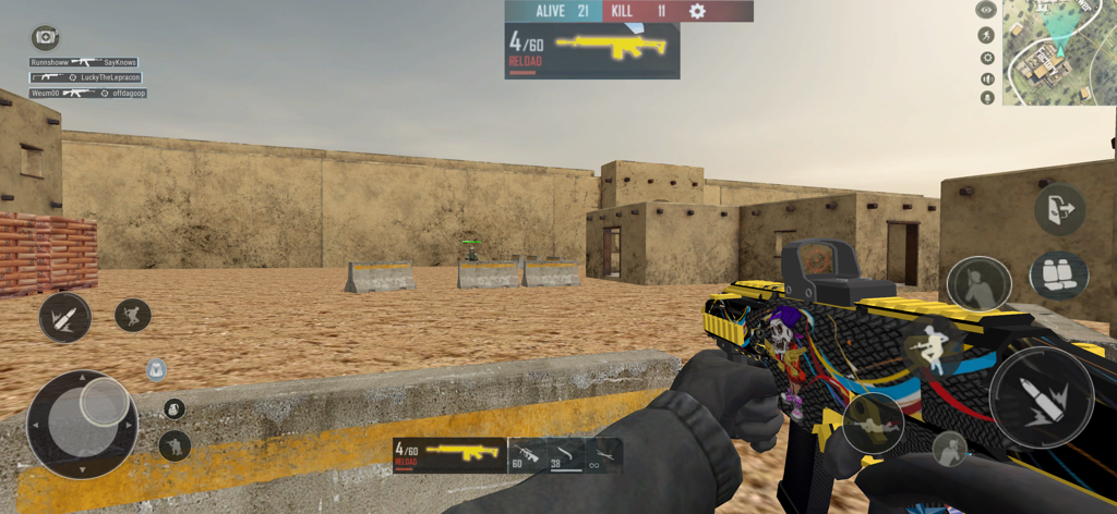 First person shooter gameplay with a customized rifle in a desert environment