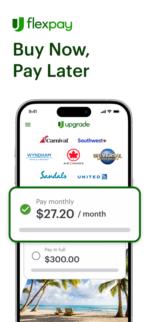 Upgrade app screen showing Flex Pay options for travel with major airlines and resorts