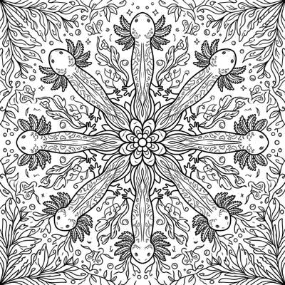 Explore the fascinating world of mudpuppies with this unique mandala coloring page. Its symmetrical design offers a relaxing and engaging artistic experience for all ages.