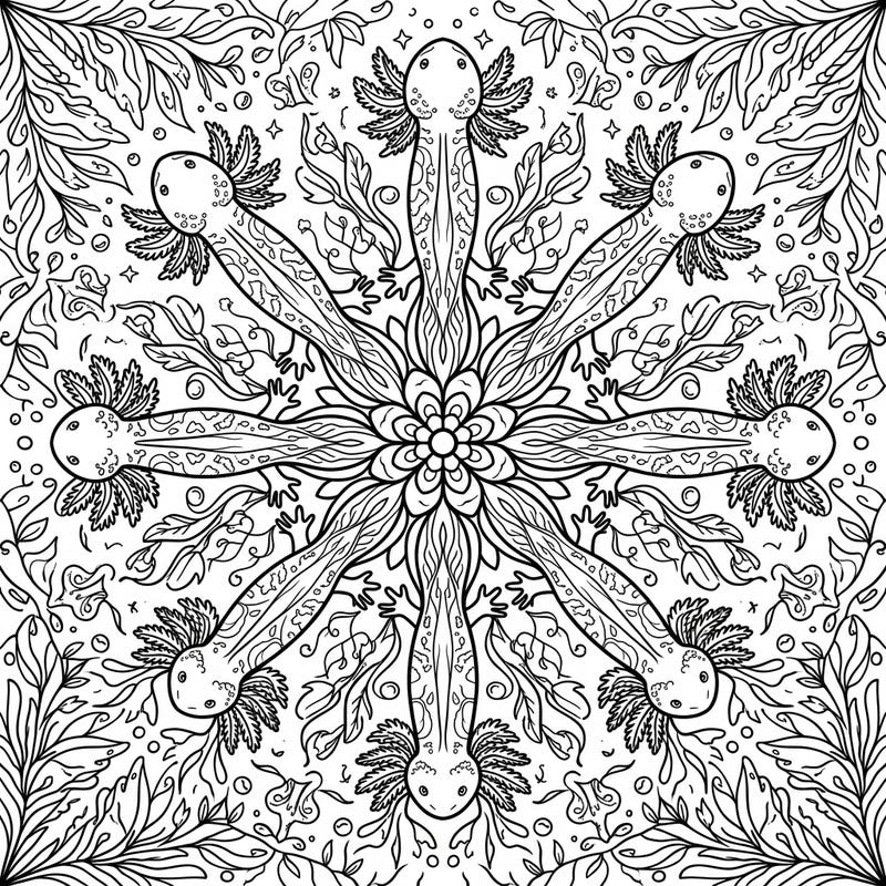 Explore the fascinating world of mudpuppies with this unique mandala coloring page. Its symmetrical design offers a relaxing and engaging artistic experience for all ages.