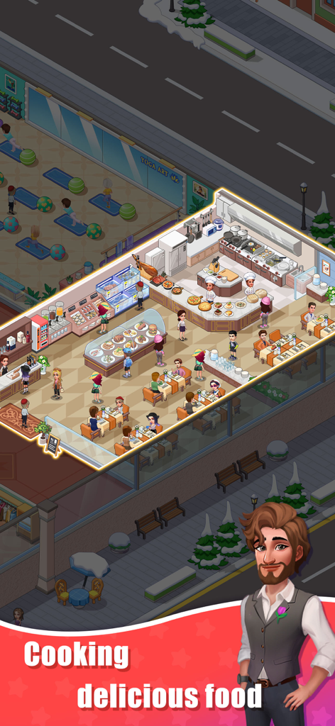A 3D gameplay scene showing a busy restaurant management level with chefs cooking and customers dining in a shopping mall.