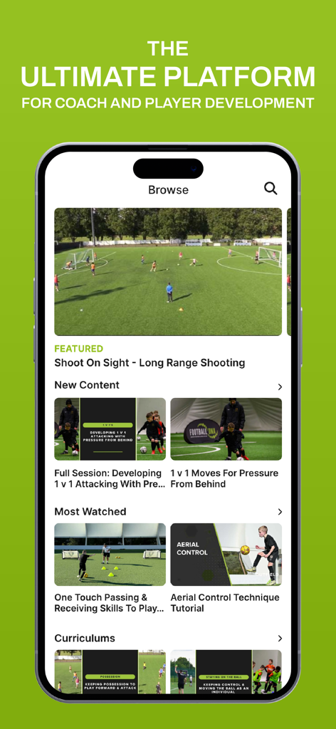 Football DNA - The browse screen of the Football DNA app featuring soccer coaching and player development videos