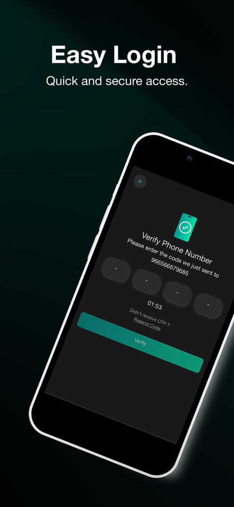Écran de l'application mobile Wddk montrant une interface de vérification sécurisée du numéro de téléphone avec un champ de saisie OTP.