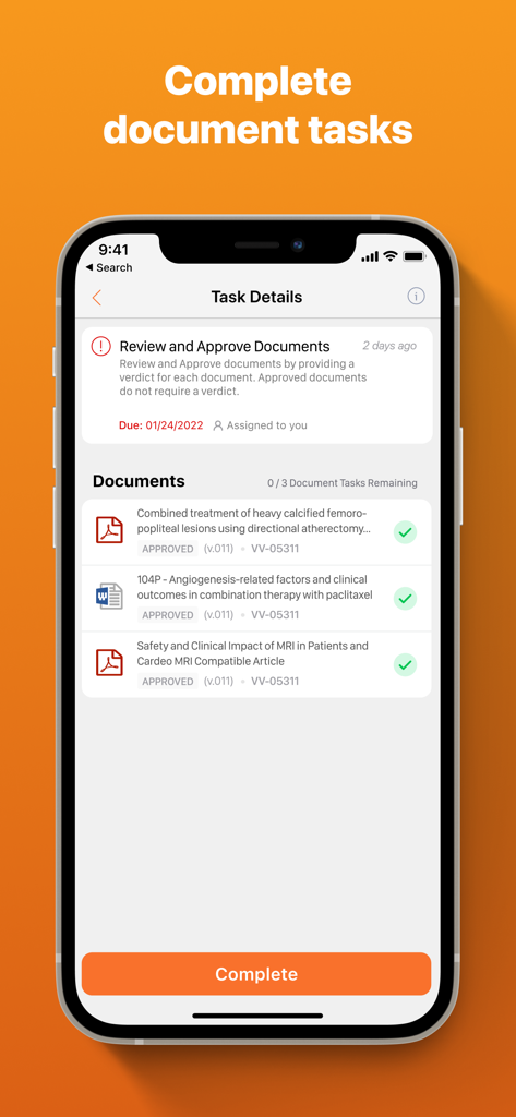 Veeva Vault - Interfaccia dell'app mobile Veeva Vault che mostra i dettagli delle attività di revisione e approvazione dei documenti su un iPhone.