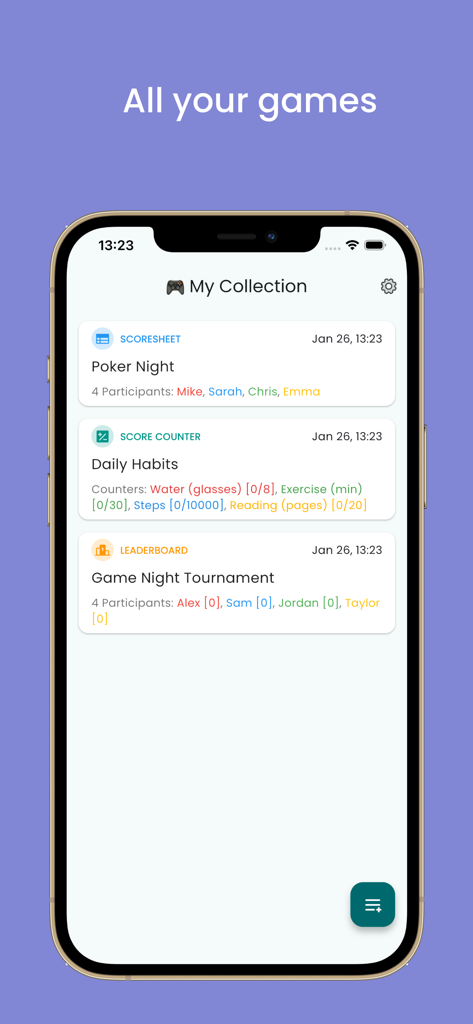 Score Counter - Score Keeper - The ScoreBoardly app showing a collection of game scoresheets for Poker Night and Game Night Tournament on an iPhone screen