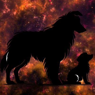silhouette of a shepherd with his still and baby dog