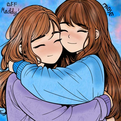 realistic two girls hugging