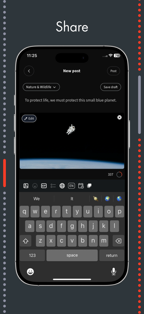 Patchwork: Your Social Media - Interface of the Patchwork app showing the creation of a new social media post with an image of an astronaut and environmental text