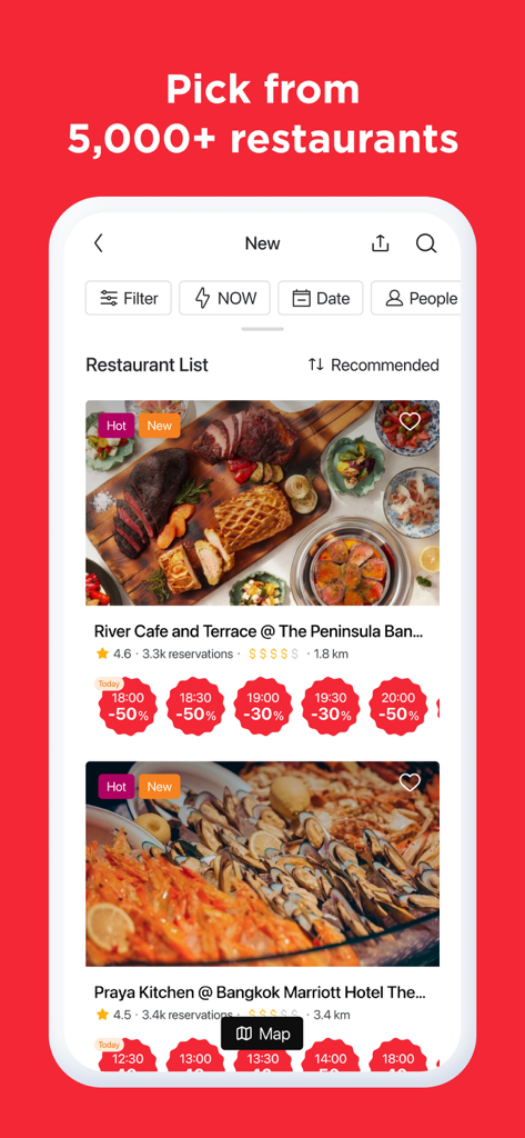 Eatigo - 최대 50%의 시간 기반 할인이 있는 프리미엄 레스토랑 목록을 보여주는 Eatigo 앱 화면