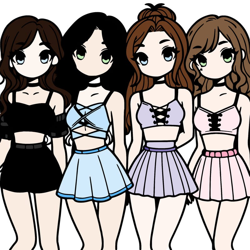 four girls with crop tops and skirts