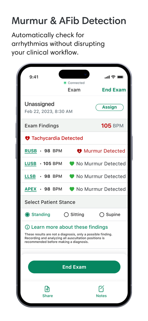 Eko app interface showing clinical exam findings with tachycardia and murmur detection results