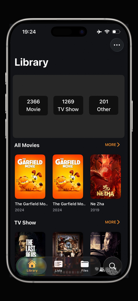Innine - true hd video player - Innineアプリのメディアライブラリインターフェース。映画やテレビ番組のカテゴリが、ポスタースカウトで表示されています。