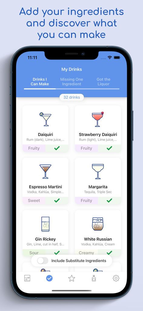 A mobile app interface showing a list of cocktail recipes that can be made with available ingredients
