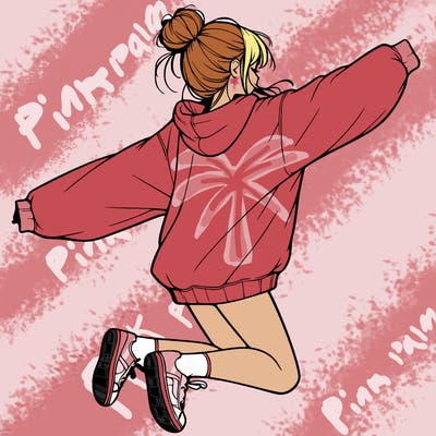 realistic girl jumping with a bun and oversized sweatshirt
