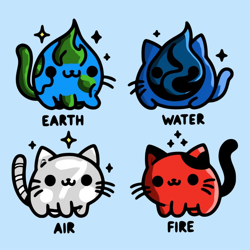 4 cats that represent the different elements, earth, water, air, and fire