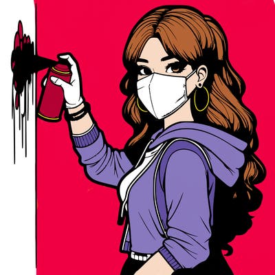 realistic girl with mask spray painting a wall