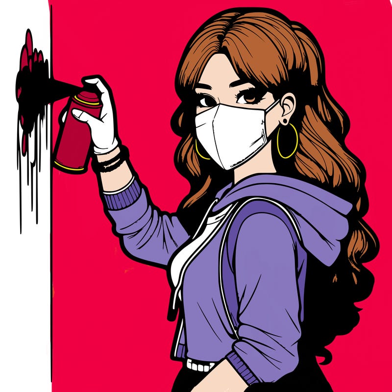 realistic girl with mask spray painting a wall