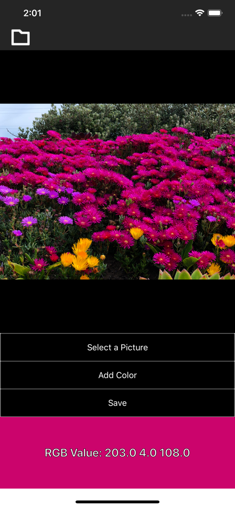 iDrop 앱 인터페이스에 꽃 사진에서 추출한 마젠타 색상과 RGB 값이 표시됨