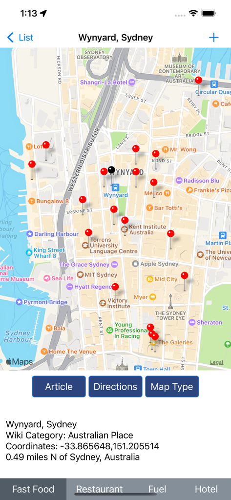 Map view of Wynyard Sydney in the WikiPal Oceania app showing various local points of interest