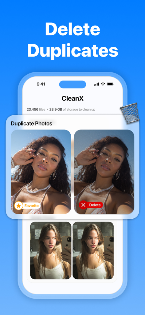 CleanX app interface showing the duplicate photo removal feature with side by side image comparisons