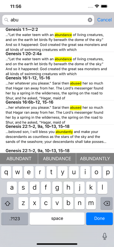 Risultati di ricerca per le Scritture nell'app Universalis con versi della Genesi con testo evidenziato.