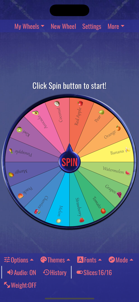 Spin The Wheel, Random Picker - A colorful spinning wheel interface with fruit options for making random decisions