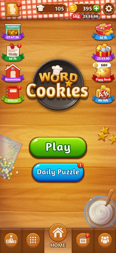 Main menu of Word Cookies mobile game featuring a Play button and Daily Puzzle button on a wooden kitchen background
