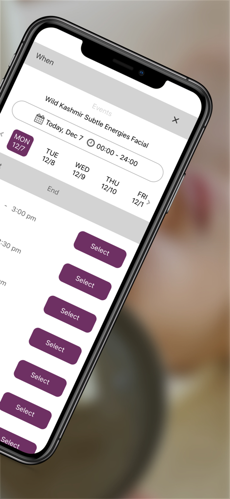 Mobile app interface for scheduling a luxury facial treatment at a Six Senses resort.