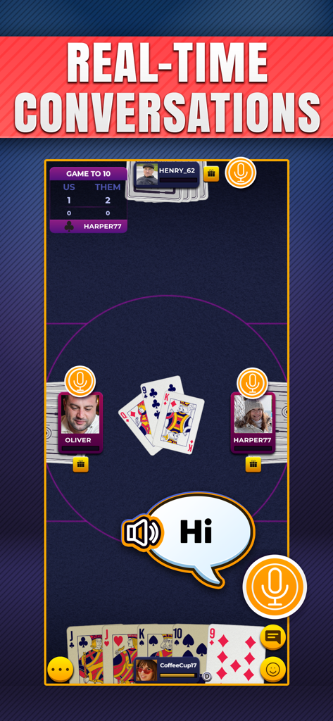 Gameplay screen of Euchre.com showing real time social chat and voice conversation features with online players