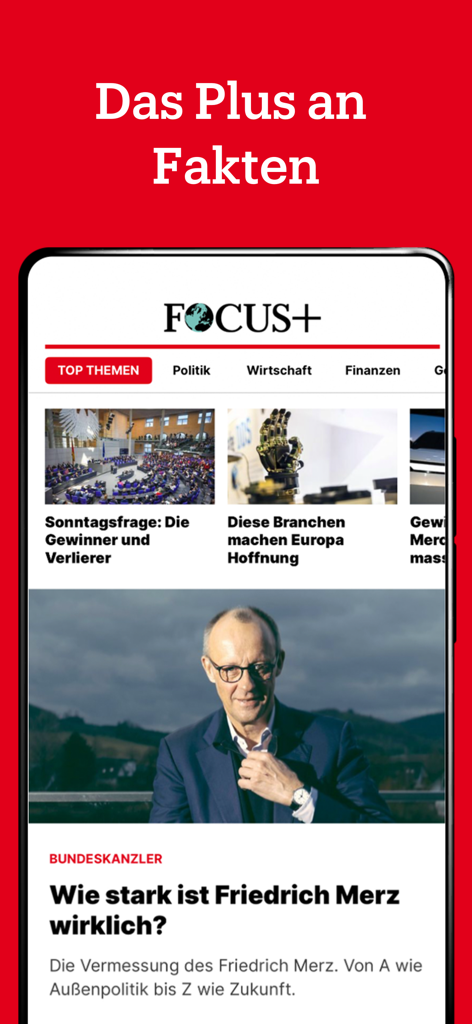 Interfaz de la aplicación de noticias FOCUS plus que muestra titulares políticos y financieros alemanes con un artículo destacado sobre Friedrich Merz.