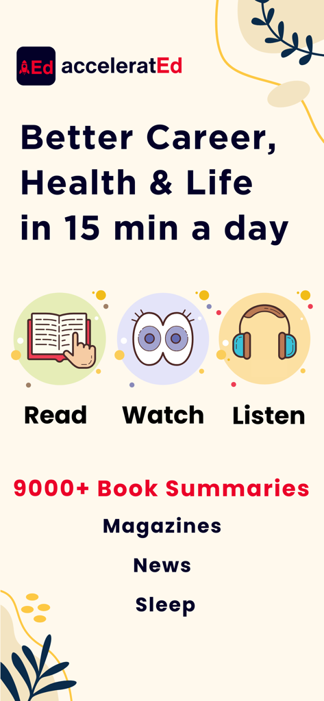 Book Summaries: Accelerated - Accelerated app promotional screen highlighting options to read watch and listen to over 9000 book summaries in 15 minutes