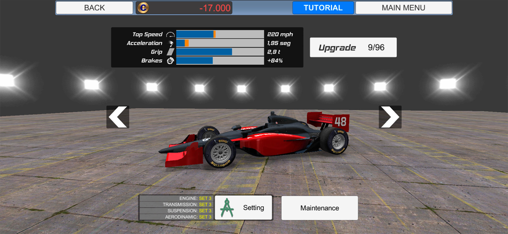 American Speedway Manager - Car upgrade and performance statistics screen in American Speedway Manager