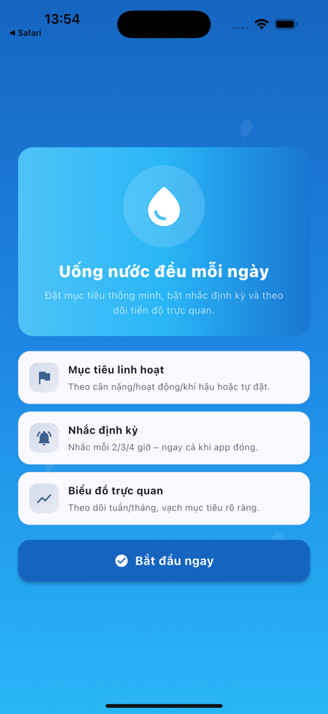 Drink Water Remind - Onboarding screen of the Drink Water Remind app showcasing hydration goals and periodic notification features